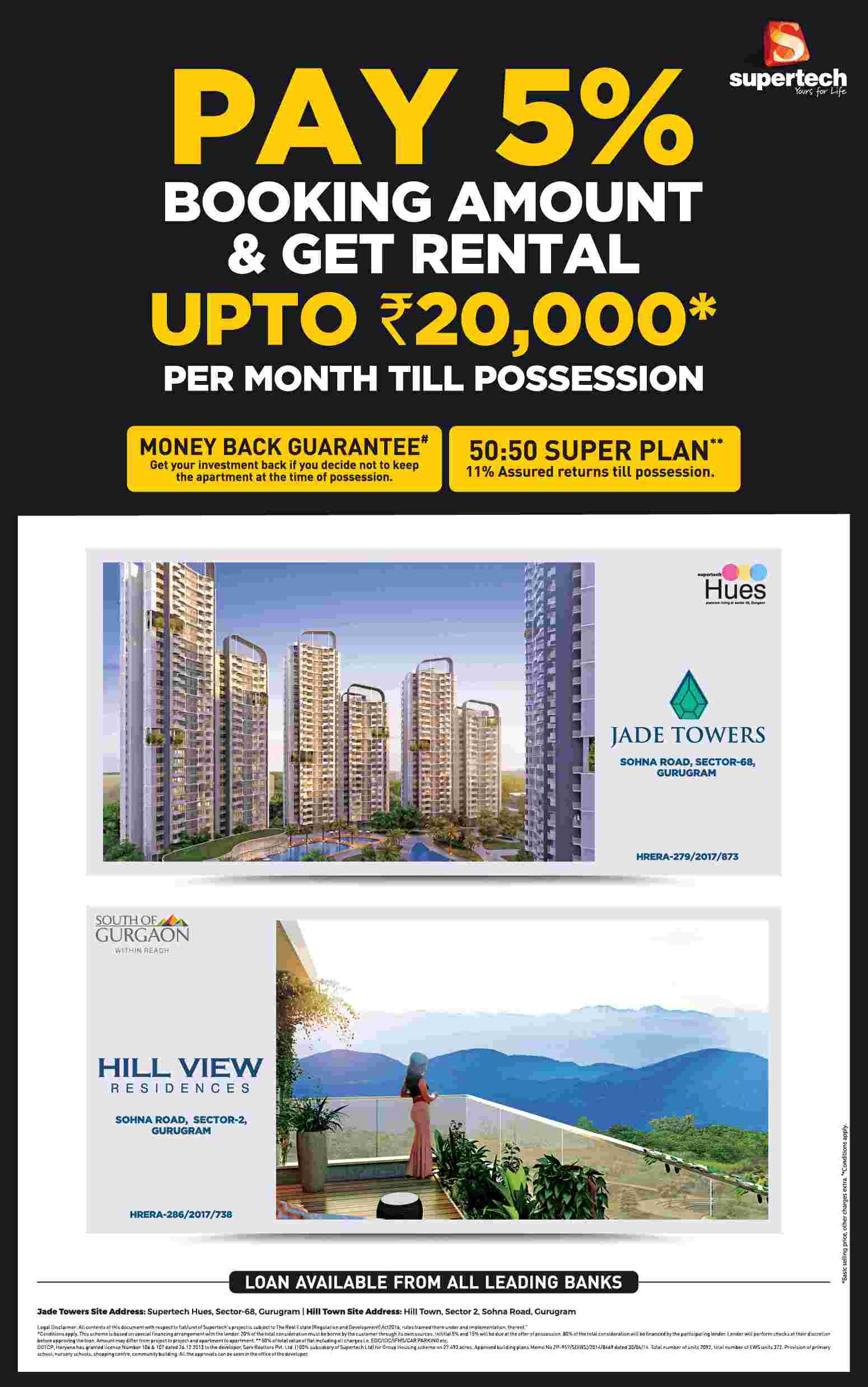 Pay 5% booking amount & get rental up to Rs. 20,000 per month till possession at Supertech projects in Gurgaon
